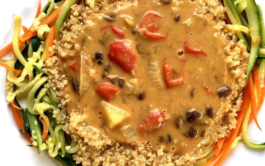 Spicy Peanut Bean Sauce Over Quinoa & Zucchini-Carrot Noodles